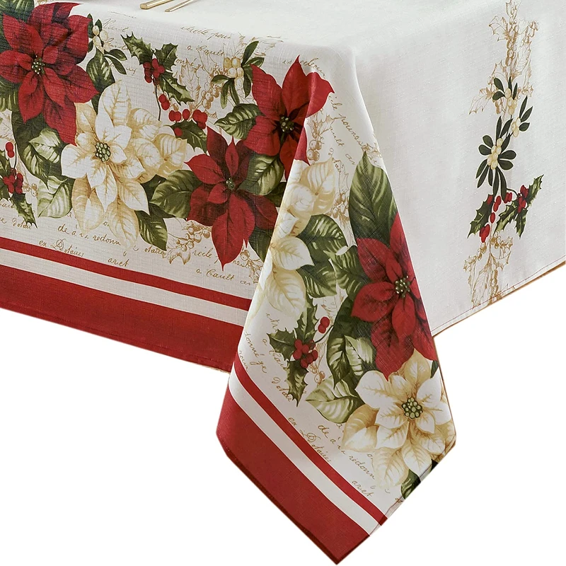 Fashion Border Christmas Fabric Tablecloth Christmas Floral Border Print Antifouling Tablecloth Rectangle Table Decoration