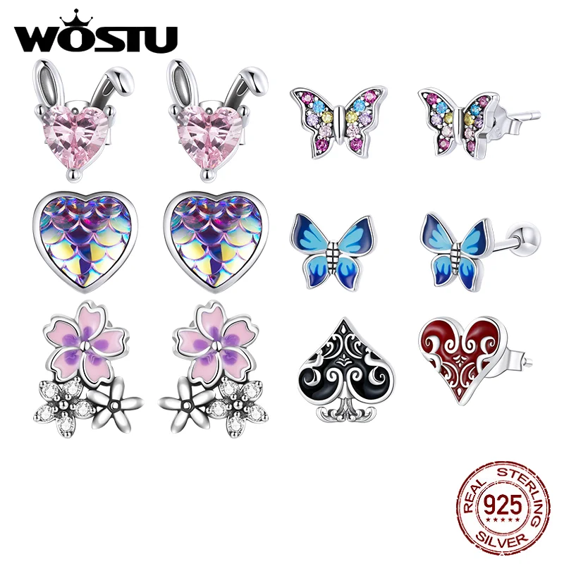 WOSTU 100% 925 Sterling Silver Animals Flamingos Flower Stud Earrings For Women Wedding Earrings Fashion Anniversary Jewelry