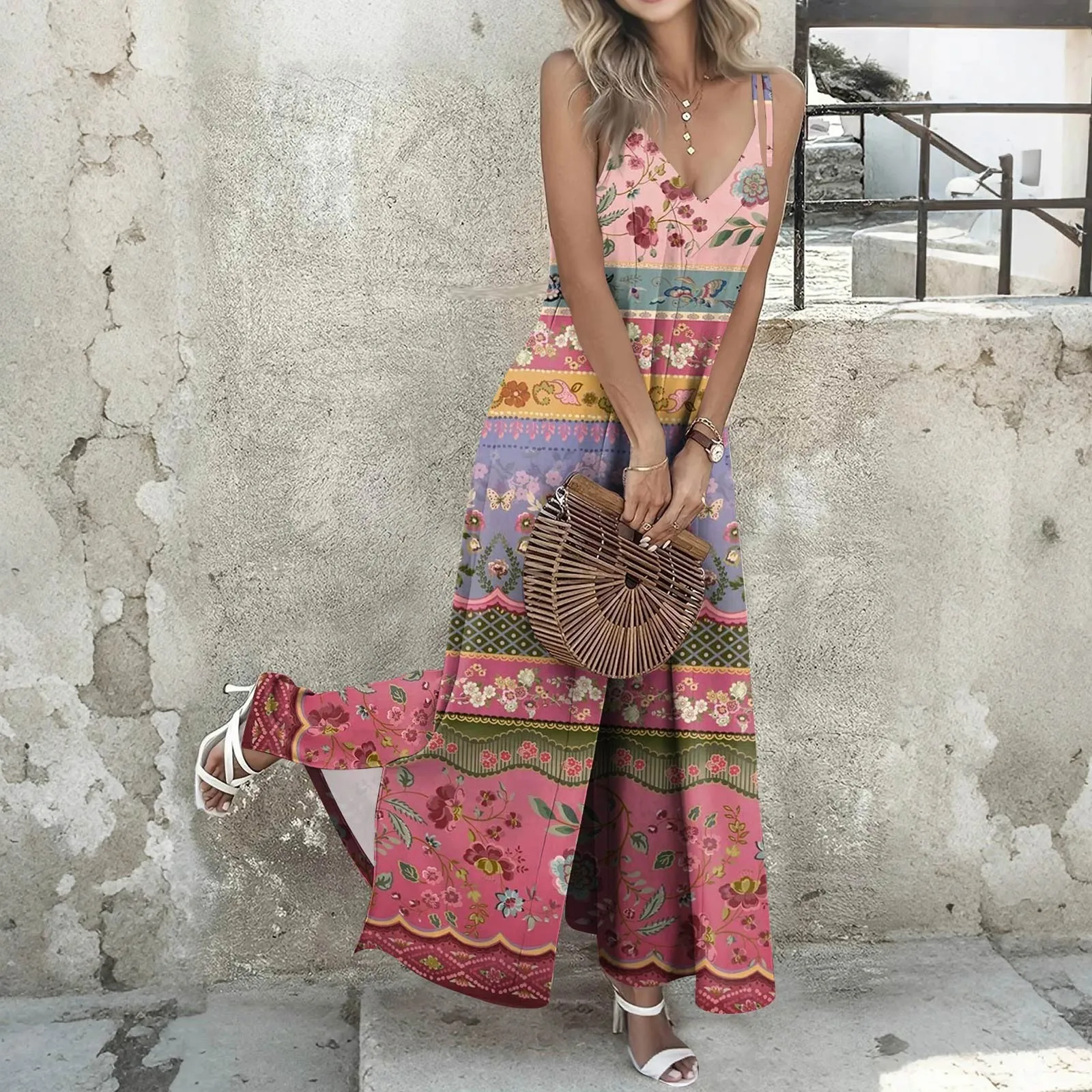 

Women's floral printed jumpsuit Bohemian vacation style casual jumpsuits adjustable shoulder strap loose wide leg jumpsuit