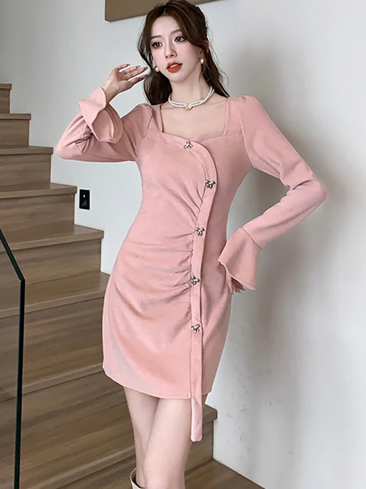 2024 Pink Chic Flare Slevee Square Collar Kawaii Dress Autumn Winter Elegant Bodycon Dress Women Korean Fashion Chic Short Dress