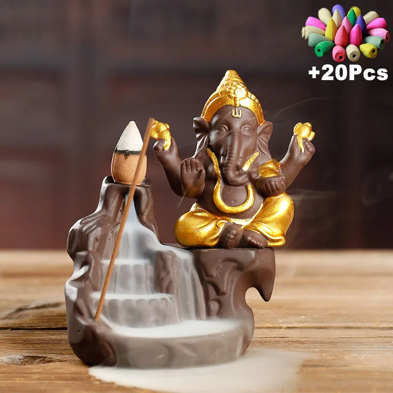 Ganesha Backflow Incense Elephant God Emblem Auspicious And Success Ceramic Cone Censer Home Decor Stick Holder