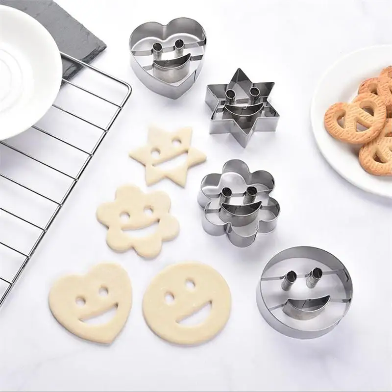 4pcs Stainless Steel Sugar Biscuit Press Stamp Embosser Cookie Cutter DIY Fondant Smiley Cake Mold Pastry Decor Baking Accesorie