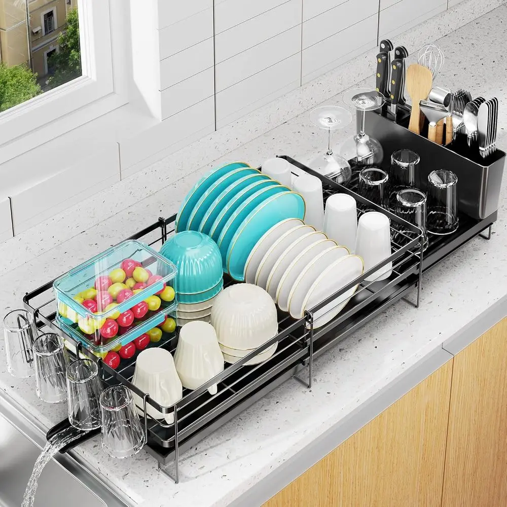 

Large Dish Drying Rack, Expandable Dish Rack or Kitchen Counter, Dish Drainer with Drainboard Set, Multiunctional Dishrack with