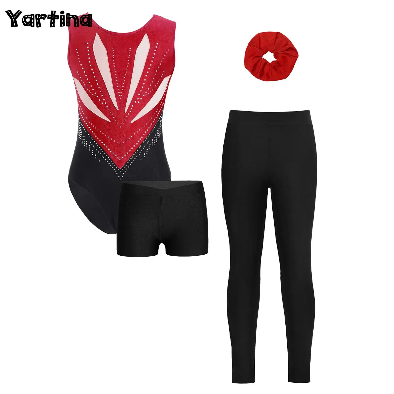 Kids Girls Gymnastics Figure Skating Ballet Dance Outfit Sparkly Rhinestones Leotard with Shorts Leggings And Hair Band