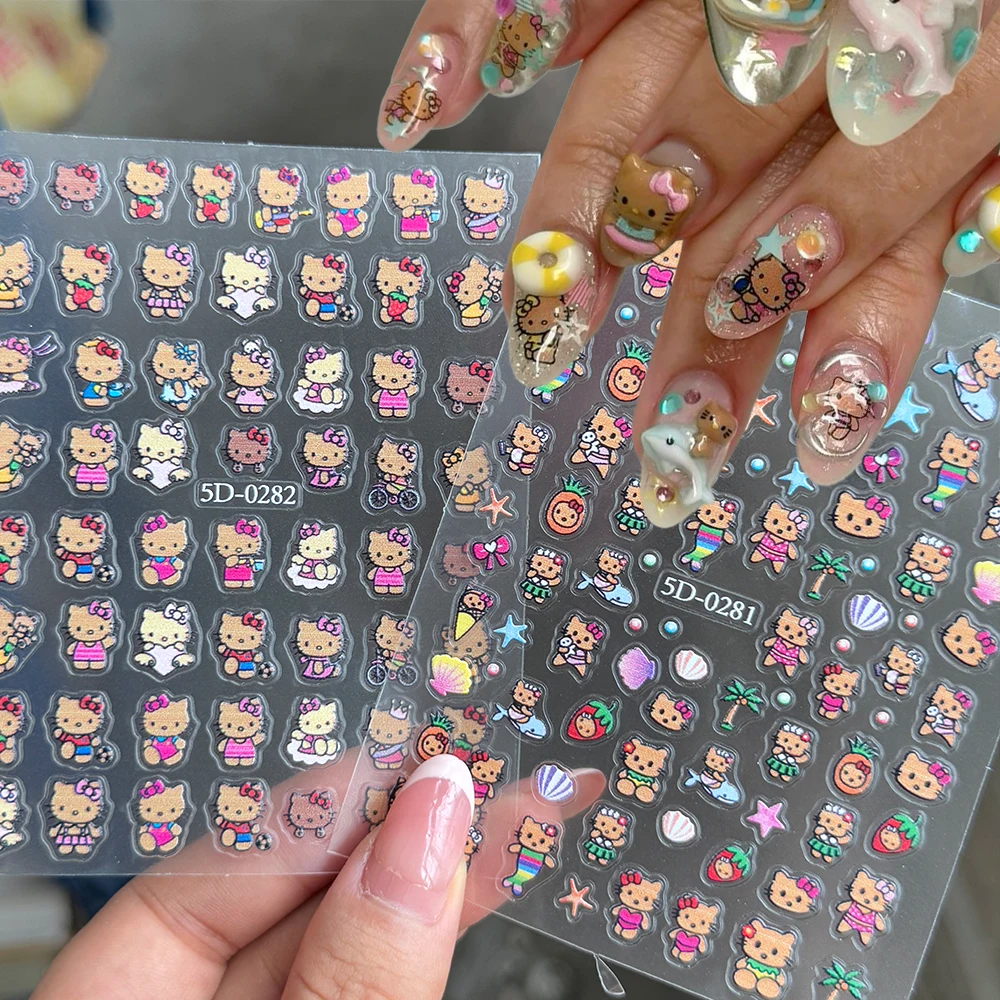 

2pcs Summer Tanning Hello Kitty Nail Art Sticker 5D Kawaii Cartoon Hawaii Hello Kitty Nail Slider Decals Y2k Kitten Nail Sticker