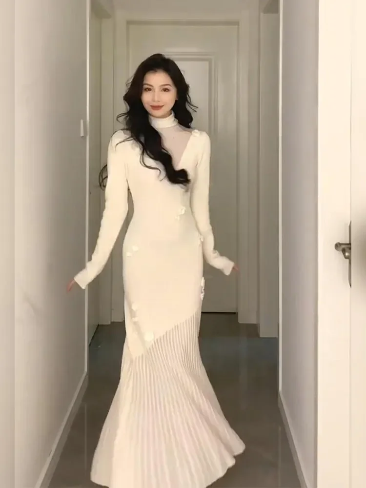 

Fall Fashion Turtleneck Beige Knit Dress Long Sleeve Crochet Flower Mermaid Long Dress Big Size Women Bottoming Sweater Dress