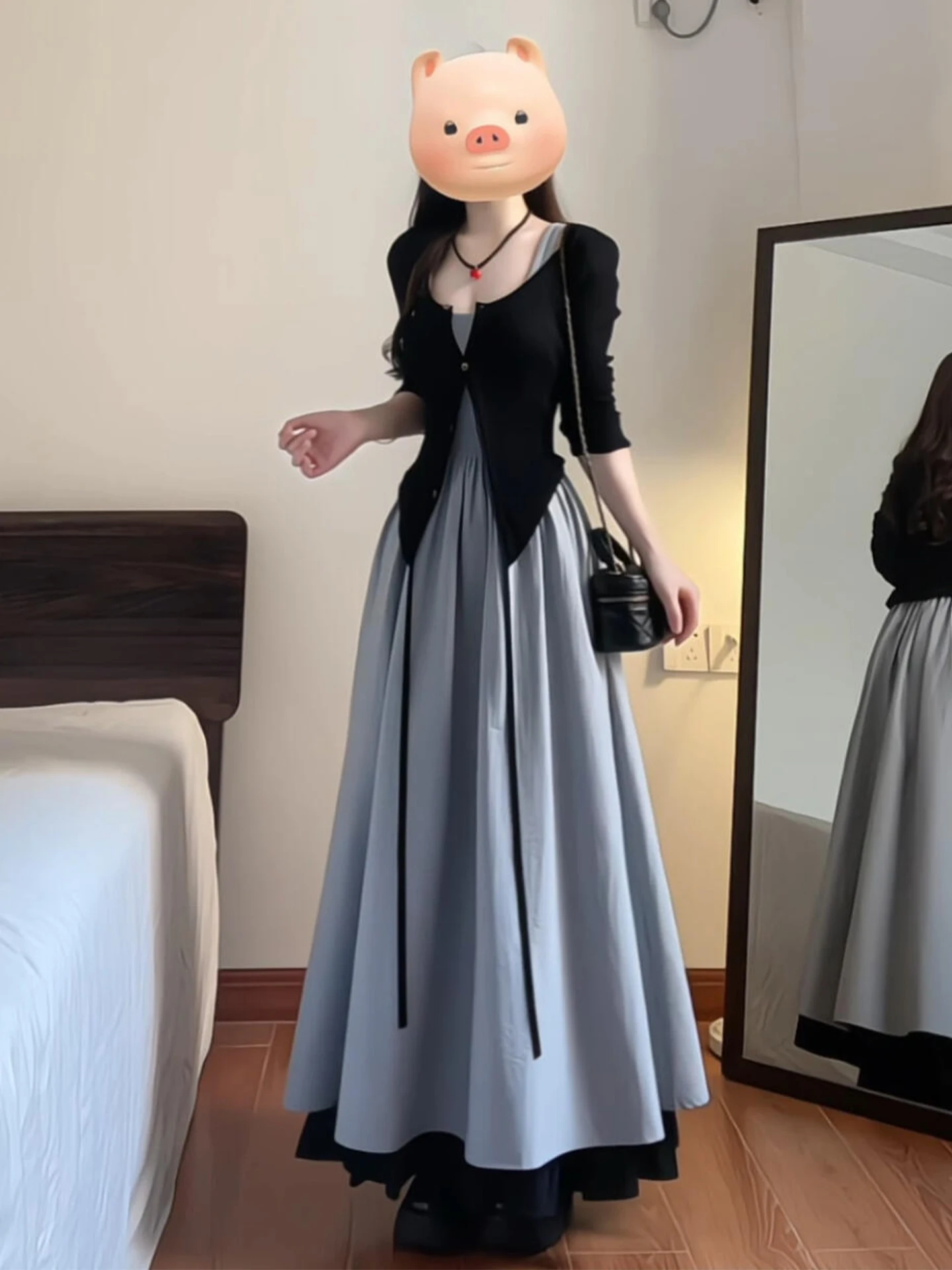 

Ele Long Sve Belted Midi Dr Set Women's Spring 2026 Faion Trend High Waist French Sle Casual Wear High Quali