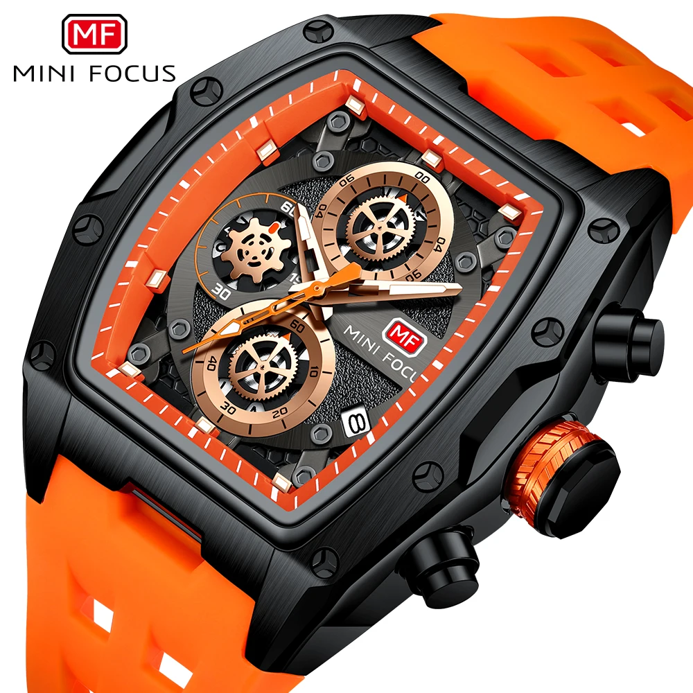 MINI FOCUS Sports Mens Watches Top Brand Luxury Multifunction Dials Fashion Quartz Watch for Men Orange Silicone Strap 0473G