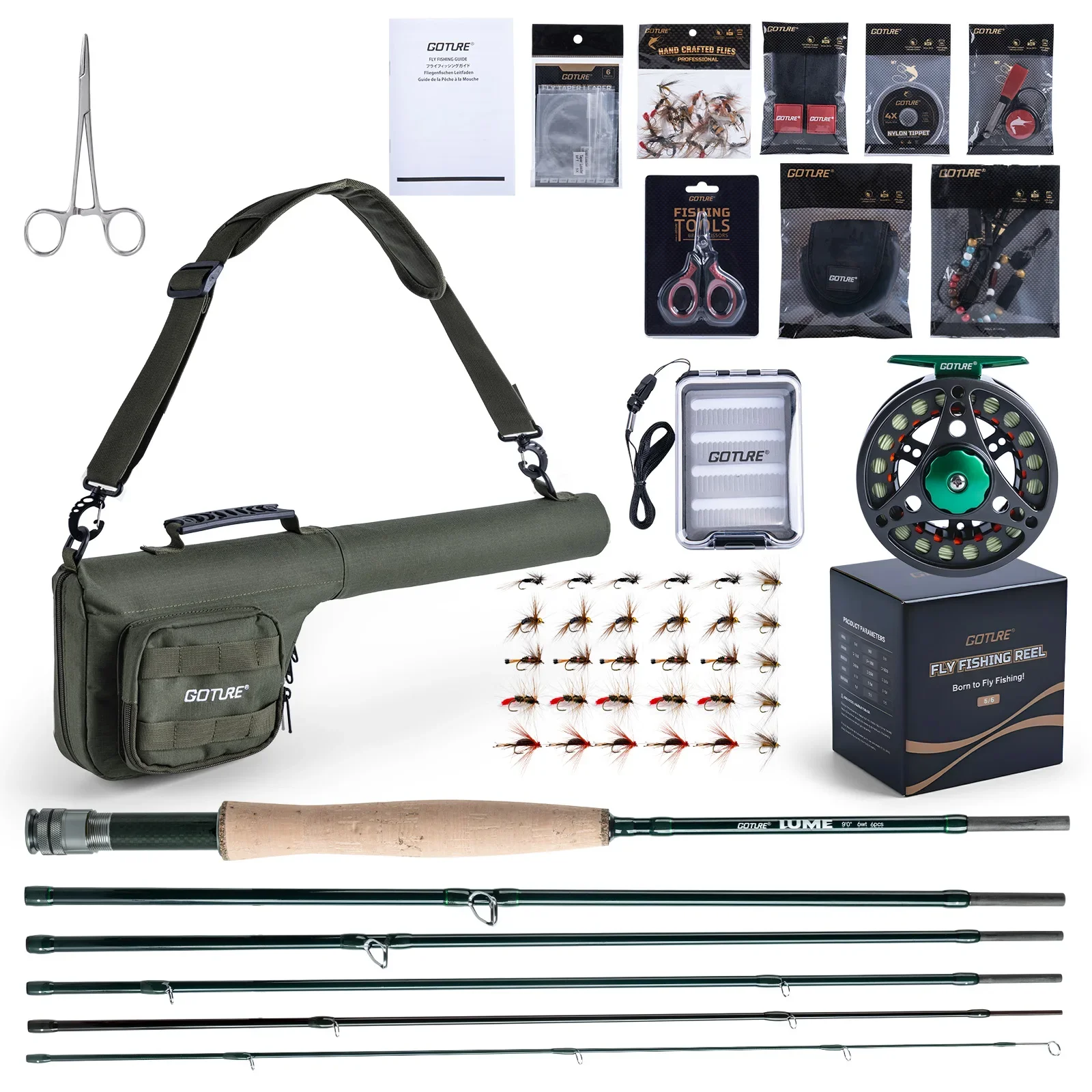 Goture Fly Fishing Rod Reel Combo Full Kit, 6Sections Carbon Fly Rod with Fly Reel, Flies, Box, Forceps, Nipper, Carry Bag