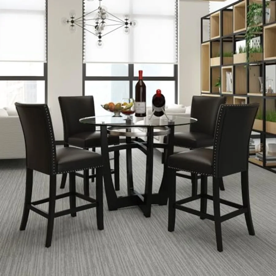 

Glass Counter Height Bar Table Stools Set for 4, 42" Round Glasstop Counter Height Table Chairs Set 26" H Barstools Chairs with