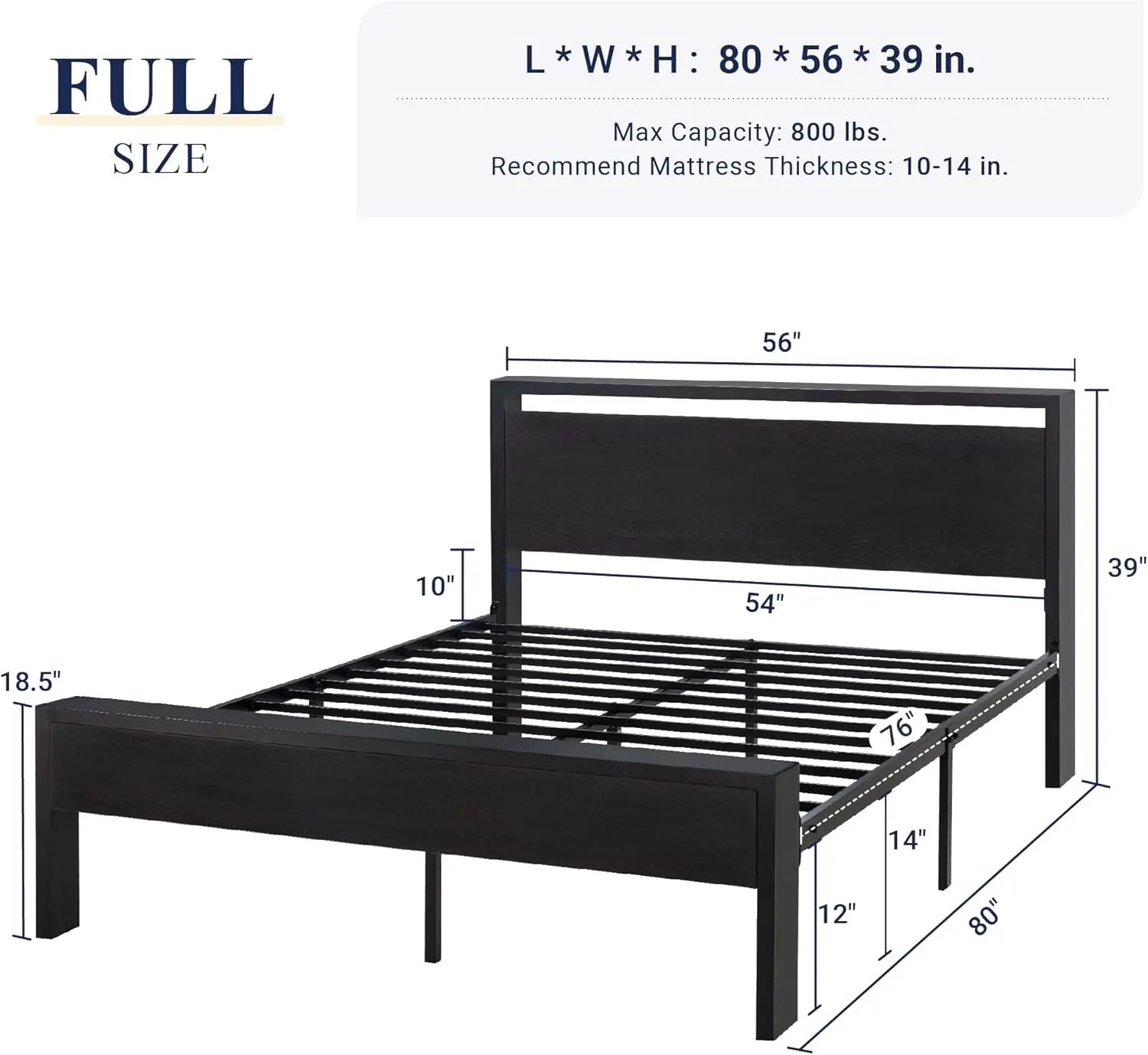 Full Size Platform Bed Frame with Wooden Headboard and , Heavy Duty 12 Metal Slats Support, No Box Spring