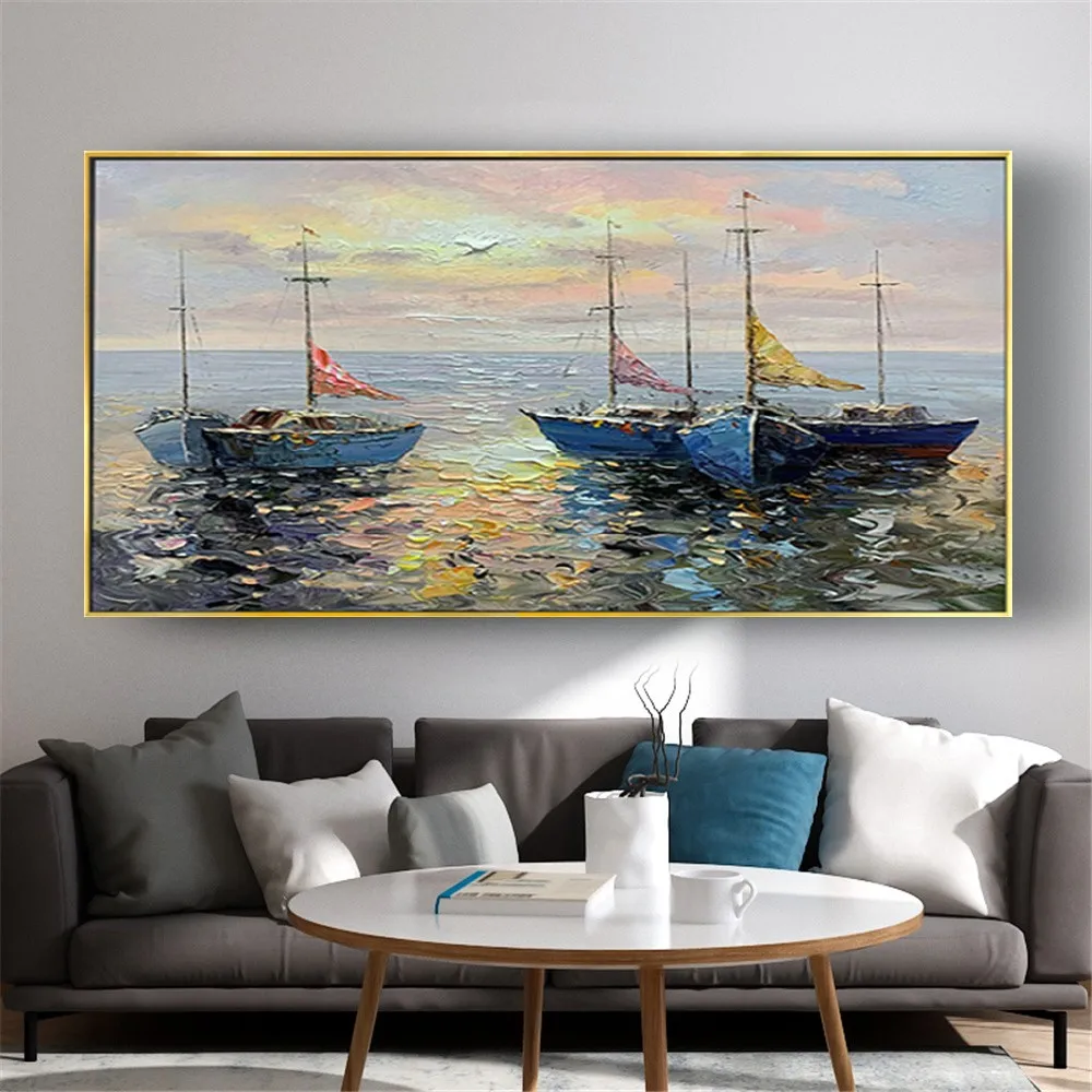 100% Handmade Oil Painting Seascape Hanging Canvas Paintings Pieces Sunset Wall Art For Office Living  Room Decor Picture Gift