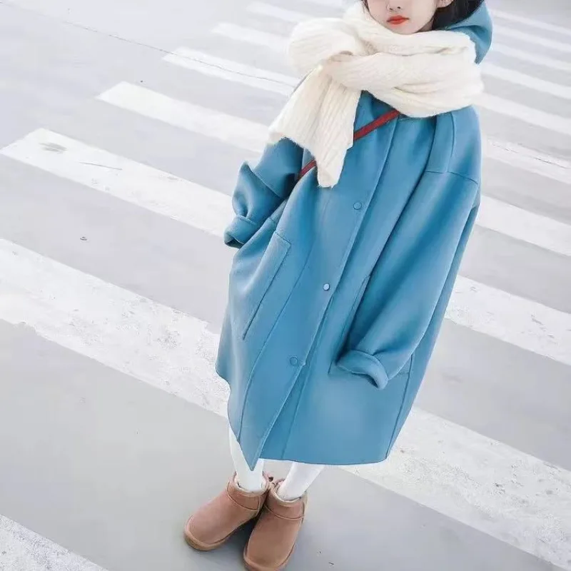 

Girls Woolen Coat Overcoat Jacket Windbreak 2023 Vintage Warm Thicken Winter Cotton Teenagers Outwear Children's Clothing