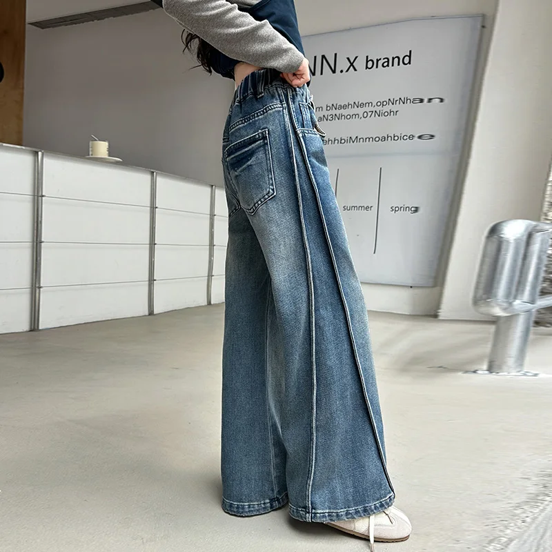 جديد الخريف توين فتاة الجينز الأزرق الداكن طوي واسعة الساق الدنيم السراويل الاطفال الطفل الربيع عالية الخصر الجينز السراويل سن 4 إلى 14 Y #4