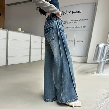 Girls Dark Blue Foldable Wide-Leg Jeans 4 New Autumn Tween Girl Dark Blue Jeans Foldable Wide Leg Denim Pants Kids Child Spring High Waist Jeans Trousers Age 4 To 14 Y 4