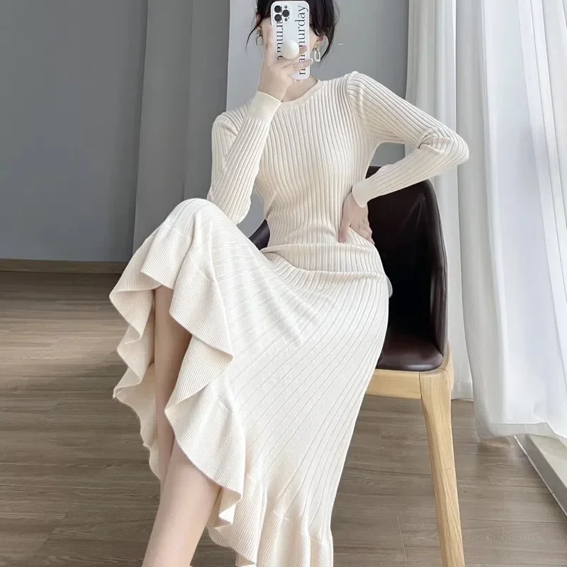 Early Autumn Knit Dress Women's Knee-Length Medium-Length Inner Slimming Sweater Dress With Coat Winter Smooths Your Silhouette