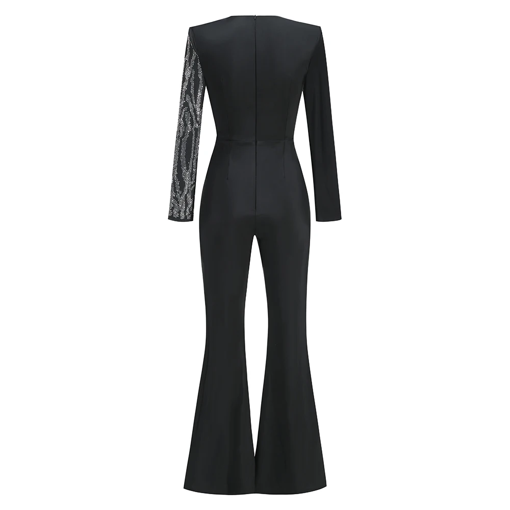 High End Stylish Black Deep V-Neck Jumpsuit - Women's Elegant Black Jumpsuit