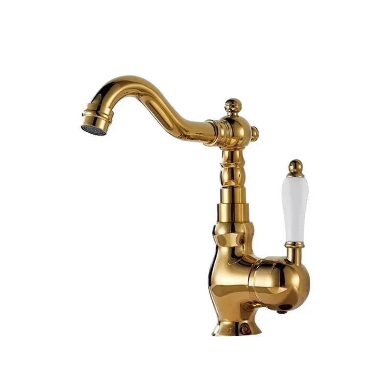 

French All-copper Retro Faucet Kitchen Household Bathroom Cabinet Washbasin Hot and Cold Splash Faucet Gold