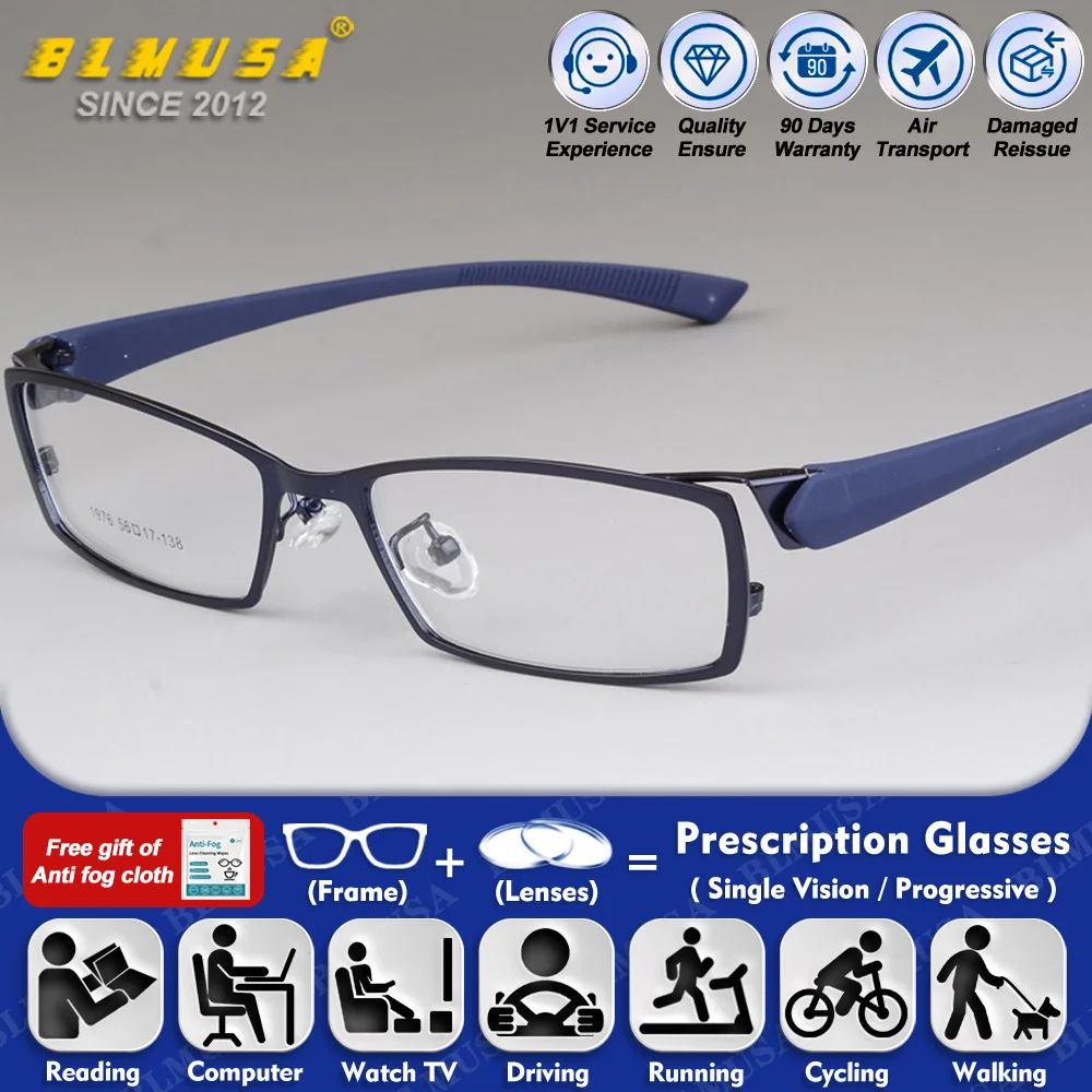 

BLMUSA (L) Ultralight Ultralight Men Rectangle Frame Progressive Eyeglasses Anti Blue Light Myopia Prescription Computer Glasses