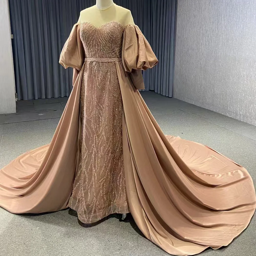 Lantern Sleeve O-Neck Evening Dress With Lace-Up Back And Sequins Customizable Prom Dress