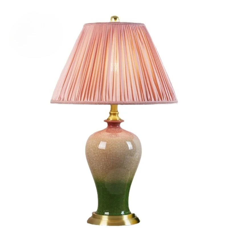 

Ретро красочные глазурованные керамические настольные лампы LED E27 ледяная треснутая фарфоровая банка медная основа ткань художественный абажур прикроватные настольные светильники