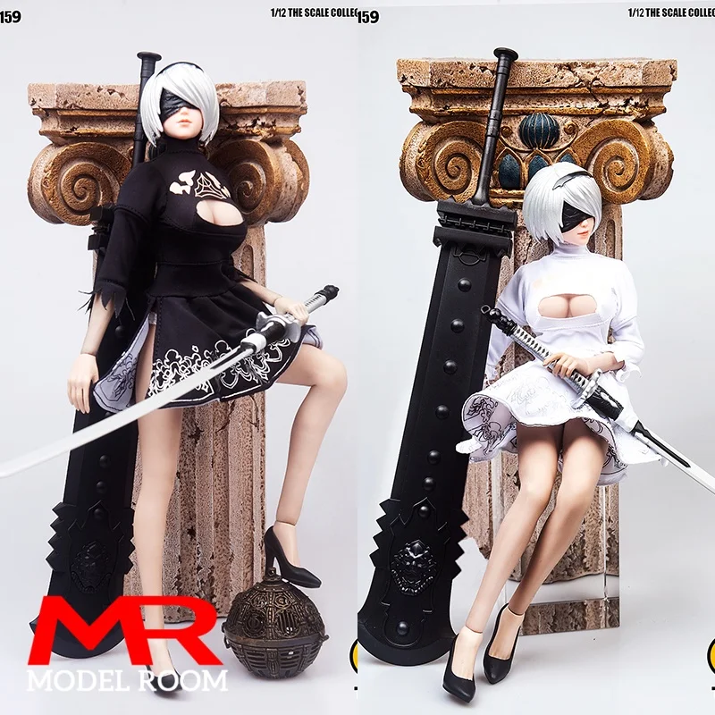 TYM159 1/12 2B Girl White Black Dress Head Sculpt Knife Model Cosplay Clothes Props Fit 6'' Female Soldier Action Figure Body