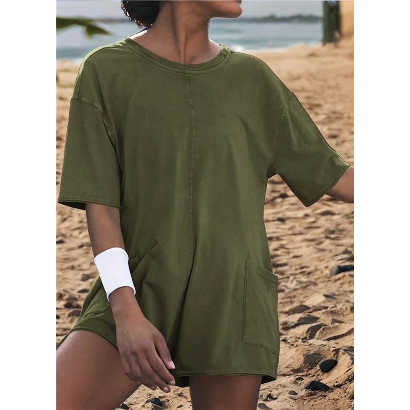 【SEE】 Abito da maglietta estivo casual da donna Abito elastico a maniche corte allentato con tasca per donna