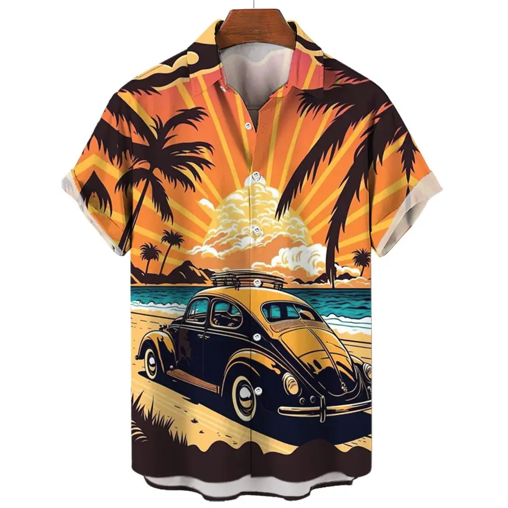 Vintage Men\'s Shirt For Men Short Sleeve Tops Beach and cars 3d Print Shirt Summer Sweatshirt Tees Designer Men\'s Clothing