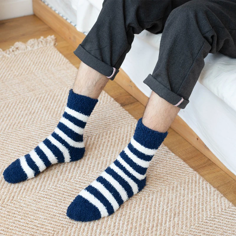 Men Soft Striped Socks Man Fluffy Thick Coral Velvet Socks Male Winter Warm Fashion Floor Terry Towel Fuzzy Sock Mens Meias Soks