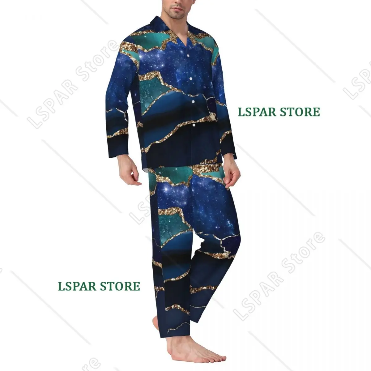 Blue And Gold Marble Galaxy Sleepwear Spring Casual Oversized Pajama Sets Male Long Sleeve Cute Bedroom Pattern Nightwear