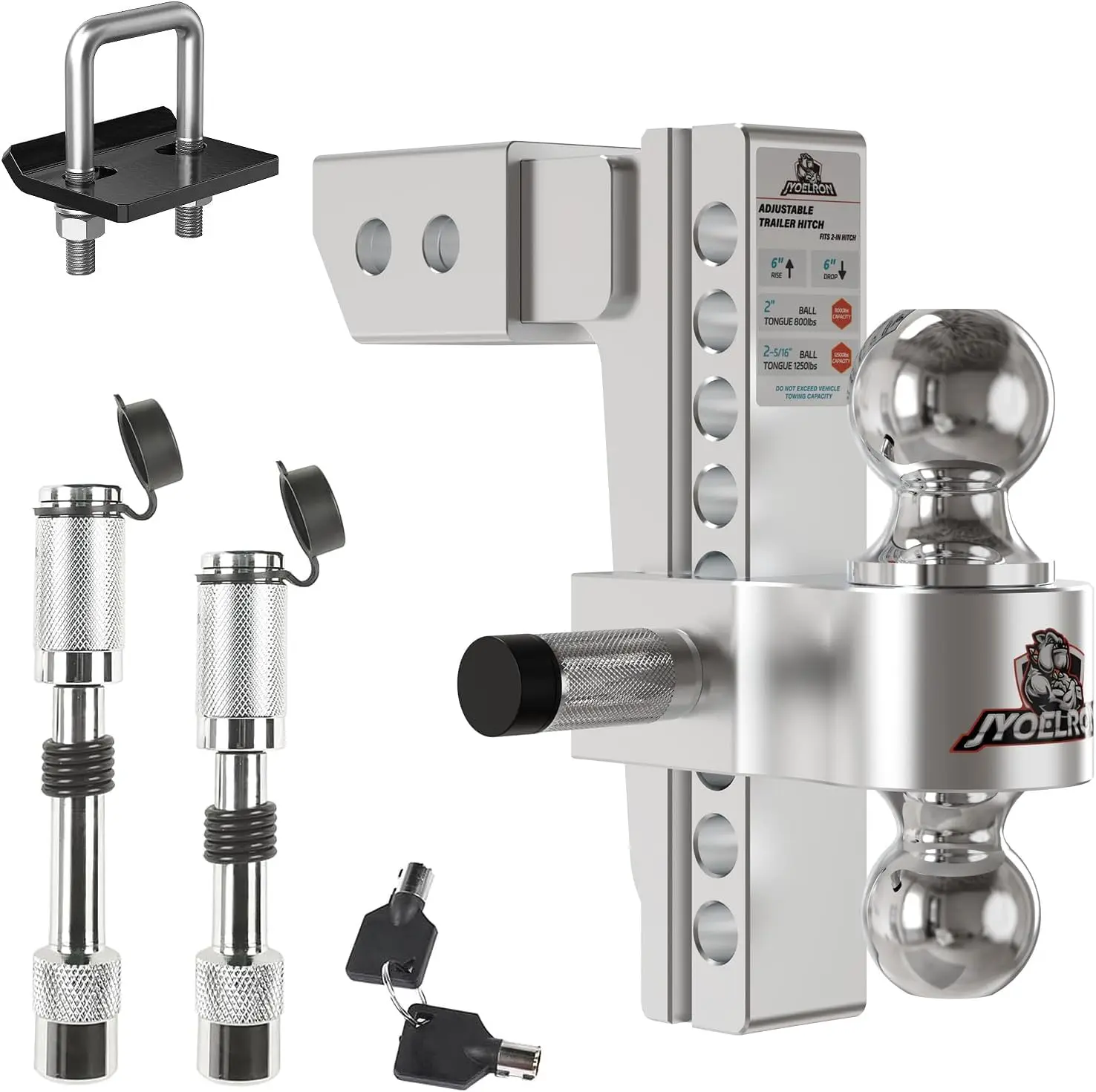 

Adjustable Aluminum Trailer Hitch Ball Mount for 2" Receiver with 8" Drop/Rise, Dual Balls, 12.5K GTW