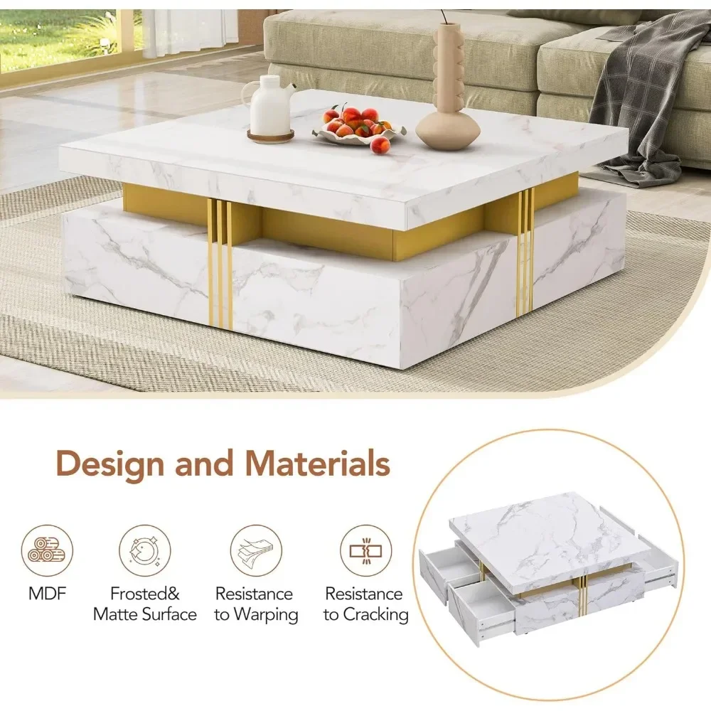 Modern coffee table for living room and office (white), modern square design, marble pattern, storage space, coffee table