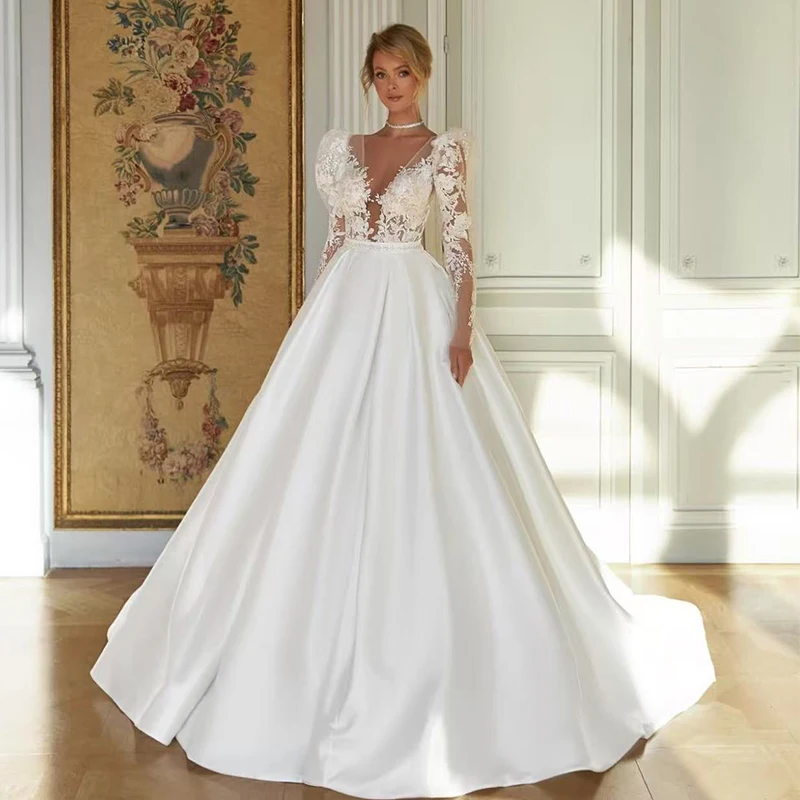 

Classic Wedding Dress Satin Surah With Embroidered Lace A-Line Ball Gown O-Neck Puff Sleeves Customized Bride Vestido De Novia