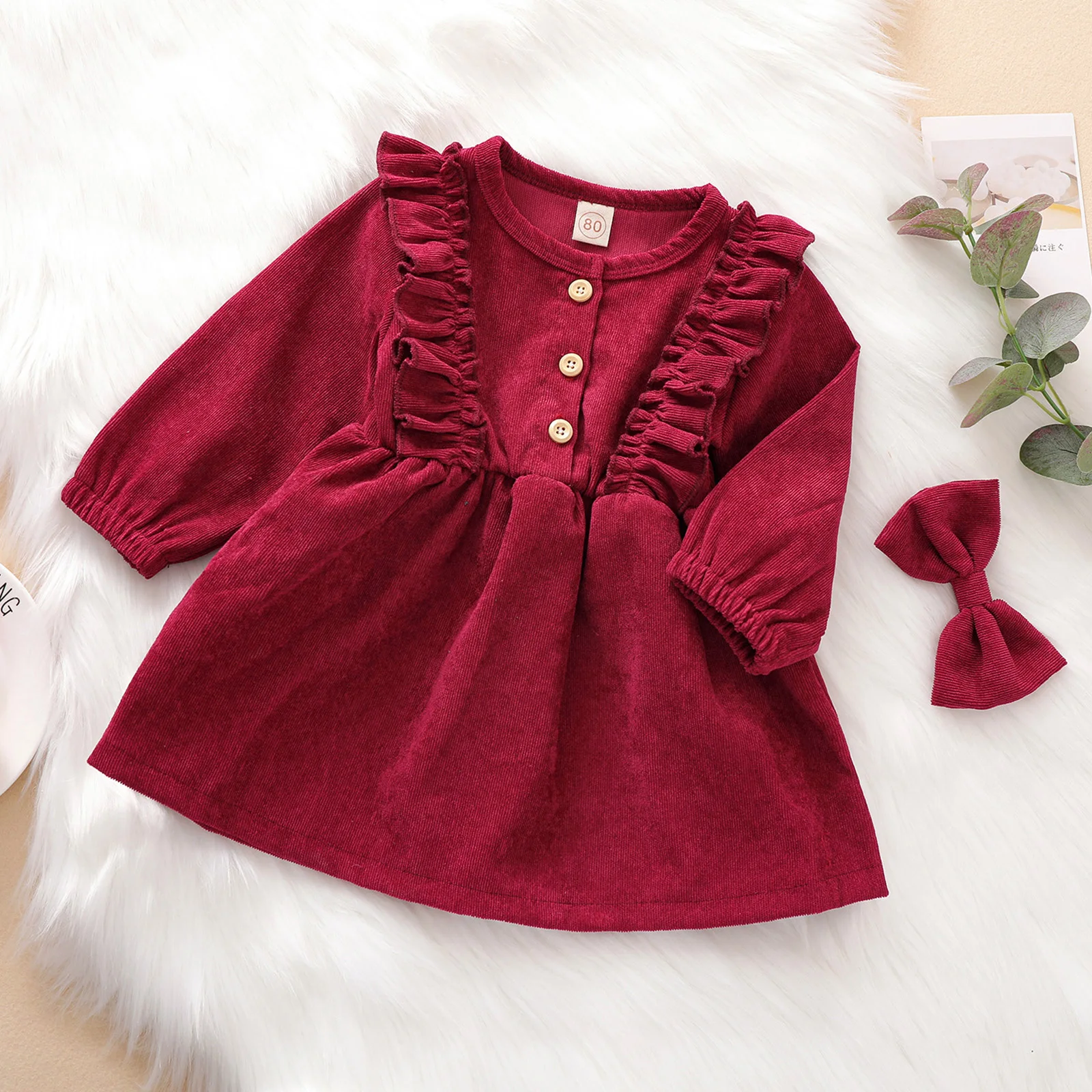 Baby Girl Dress High-Waist Midi Long Sleeve Round Collar Ruffle Buttons Princess Pleated Fall Skirt Headband