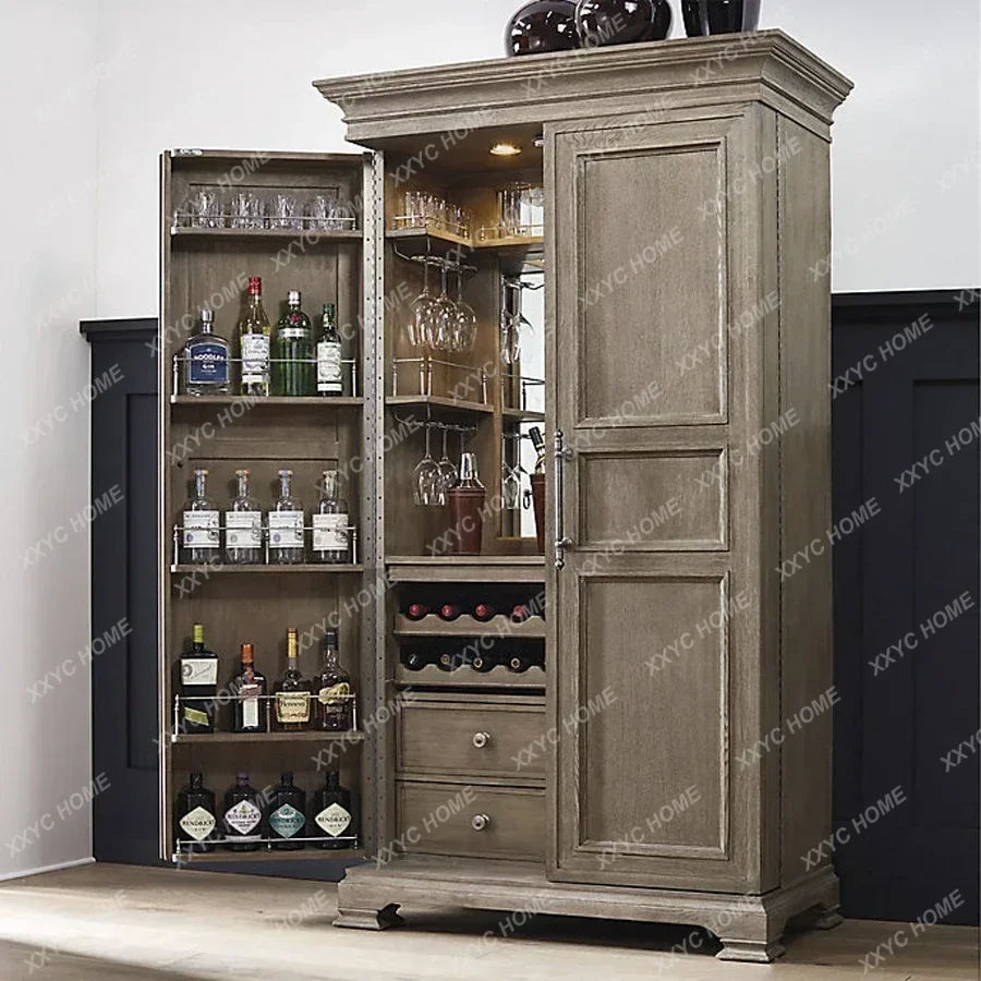 

retro, solid wood side cabinet, kitchen utensils storage cabinet against the wall, wine utensils storage