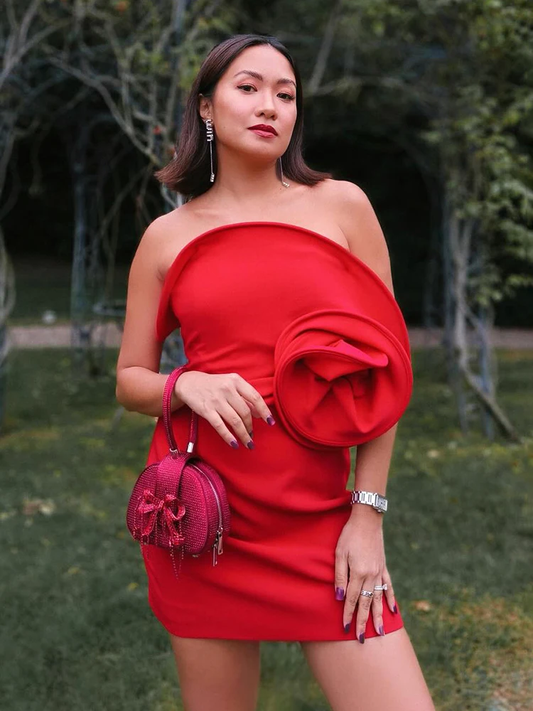 

2025 New Red Strapless Backless Mini Dress with 3D Floral Ruffle Detail - Cocktail Party & Christmas Evening Gown