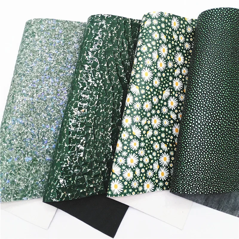 Dari Green Chunky Glitter Leather Caviars Embossed Faux Leather Daisy Flowers Printed Glitter Leather For Bows DIY 21x29CM Q1336