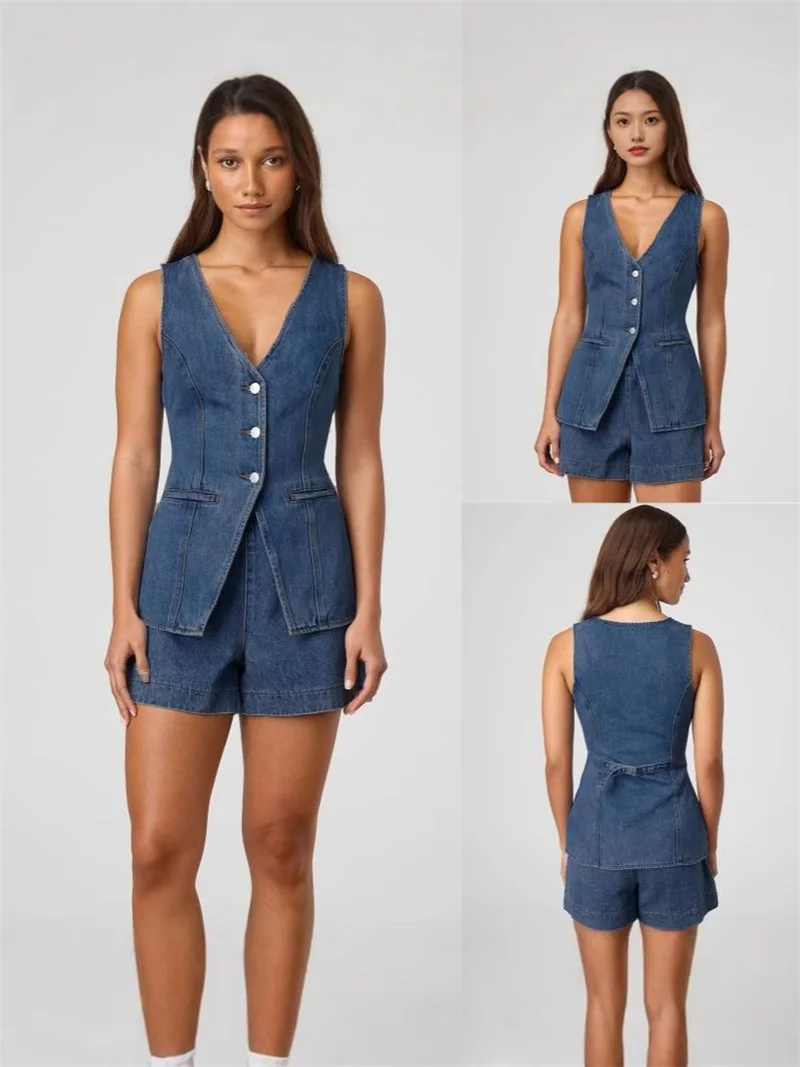 

Denim Blue Women Suit Pants Set Summer 2 Pcs Vest+Short Mini Trousers Daily Casual V Neck Single Breasted Waistcoat Party Wear