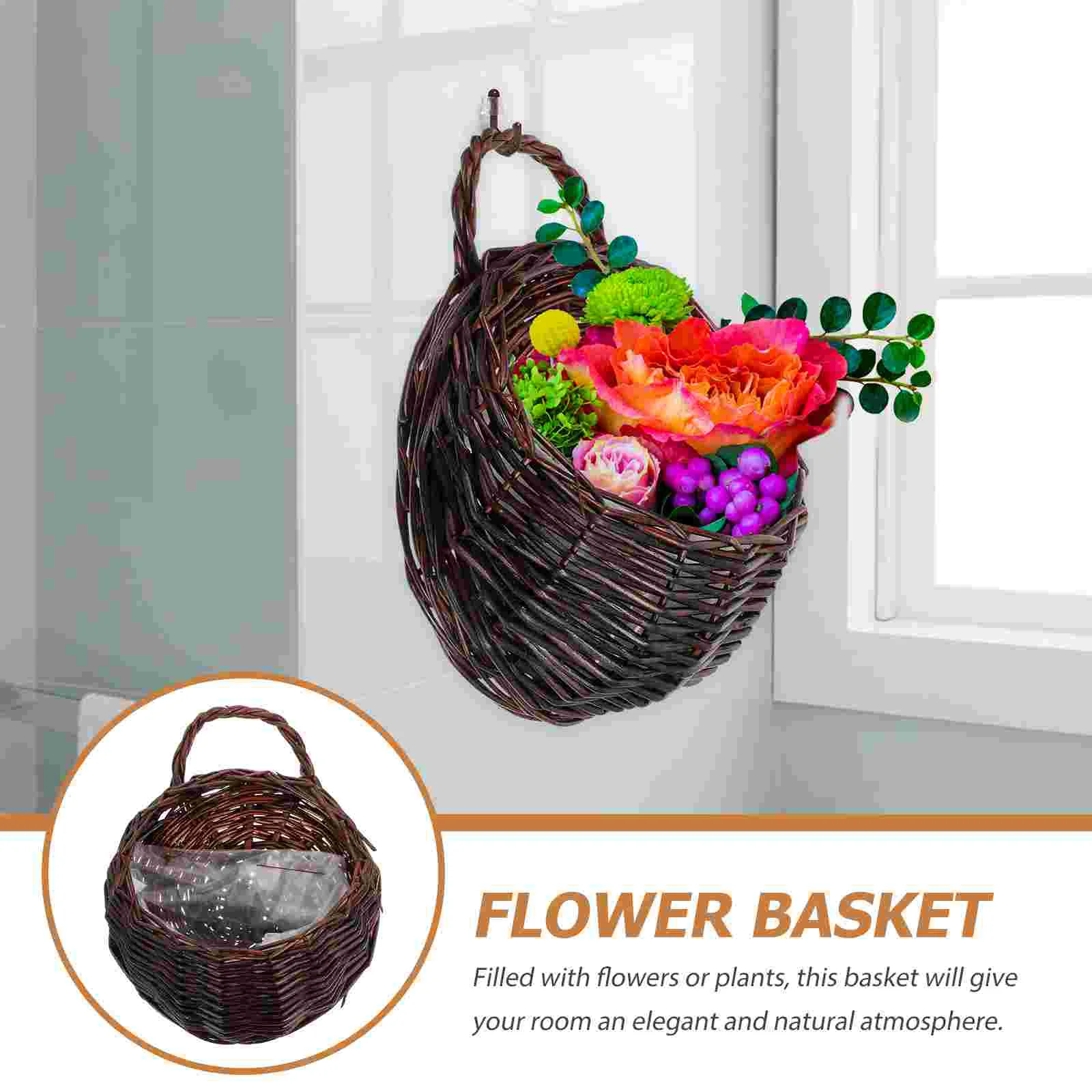 2 Pcs Wall Hanging Rattan Flower Basket Artificial Plants Outdoor Planter Wooden Woven Storage Decorative Organizer Pots