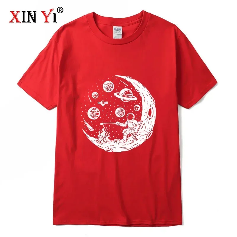 XIN YI Men\'s T-shirt High Quality 100% cotton Funny astronaut moon barbecue print casual loose cool men o-neck t-shirt tee tops