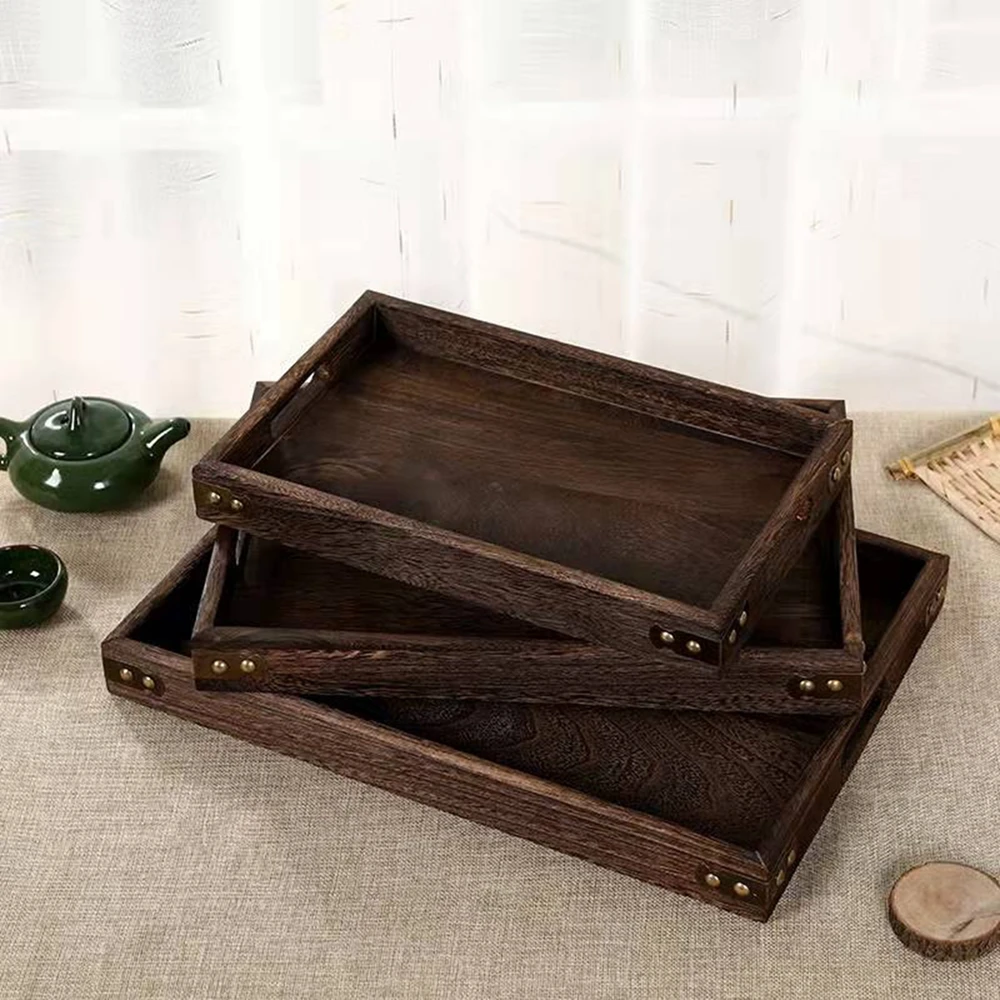 Wooden Rectangular Tray With Handles Serve For Coffee Tea Set Handmade Classic Wood Tray Home Restaurant Kitchen Supplies