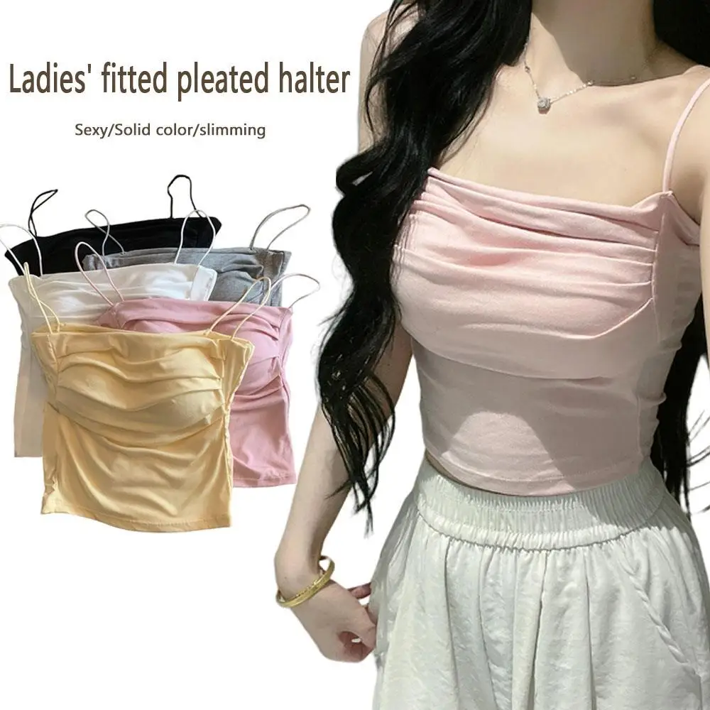 

Base Shirt Short Pure Desire Folded Strap Vest Tank Tops Sleeveless Tees Camisole Cropped Top Built In Bra Spaghetti Strap Vest