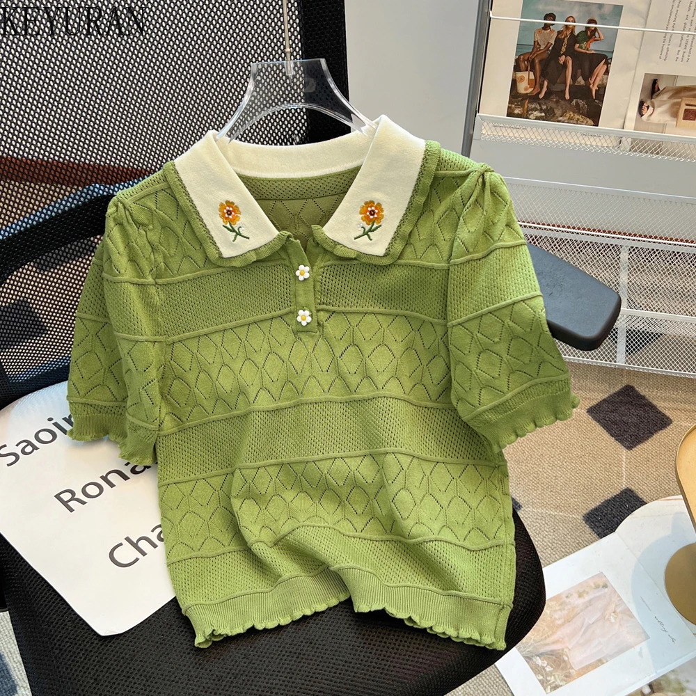 Summer French Sweet Hollow Out Embroidery Sweater Women Pullovers Vintage Korean Style Casual Loose Knitting Tops Female Jumpers