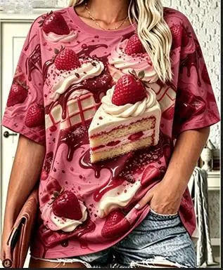 Women Crew Neck Short Sleeve T‑shirt Strawberry Cake Waffle Cream Chocolate Dessert Food Print Casual Summer Tops