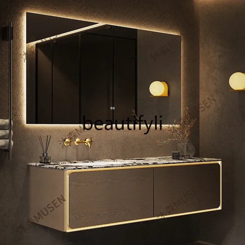 

smt14 New Arrivals Premium luxury stone light luxury bathroom cabinet combination bathroom washstand ceramic integrated basin y1
