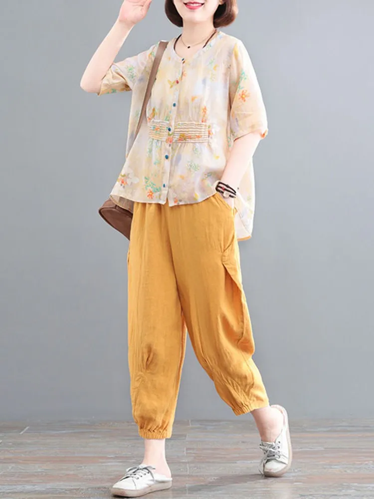 2 Piece Sets Women Cotton Linen Shirts And Pants New 2022 Summer Vintage Style Loose Comfortable Female Casual Suits D211