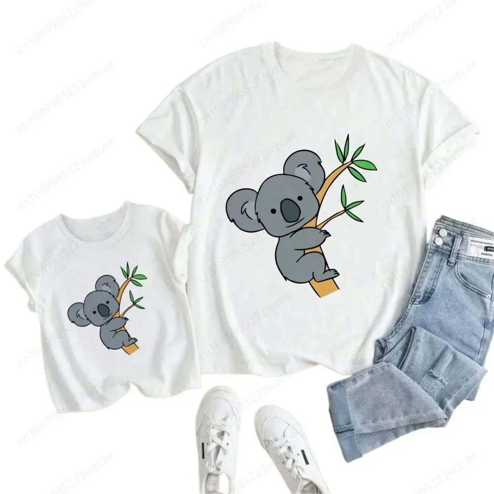 Lazy Sleep Koala Funny Print Boys T Shirt for Family TShirt for Children Summer Kids Clothing T-shirt Cartoon White Tops Tee