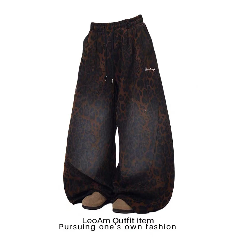 ZHIZOU الأمريكية الرجعية Y2K 2000s مطبوعة رسالة مخطط بنطال ذو قصة أرجل واسعة المرأة الربيع الهيب هوب عادية ليوبارد طباعة السراويل الرياضية
