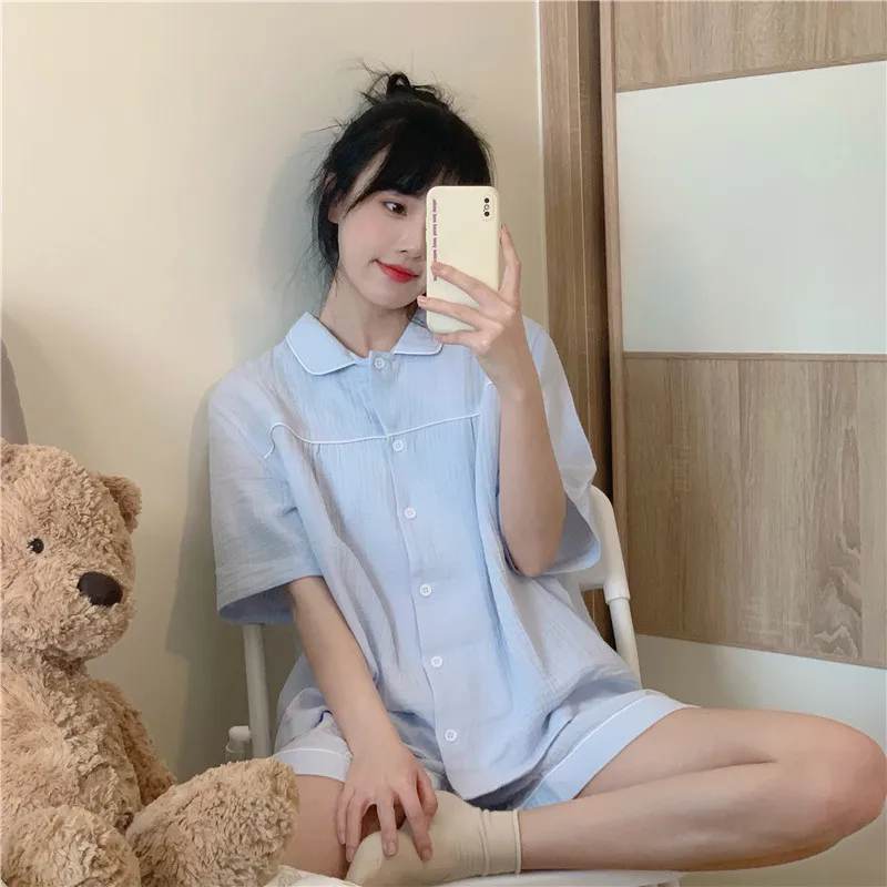 Cotton Solid Summer Pajamas Set Women Peter Pan Collar Shirts + Shorts Kawaii Single Breasted Sleepwear Sweet Home Suit