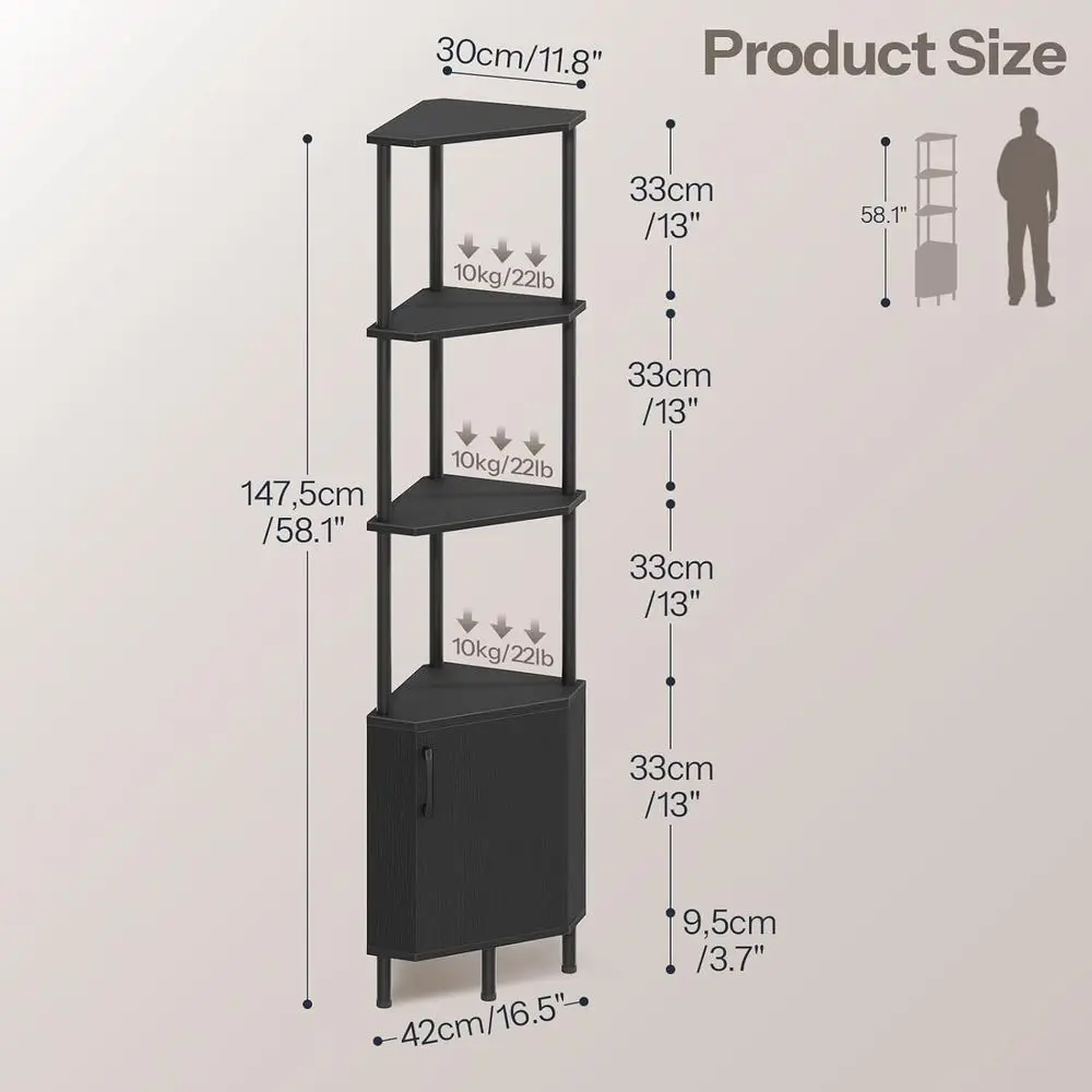 Black 5-Tier Corner Bookshelf with LED Light and Storage, 59 Tall, for Living Room and Kitchen